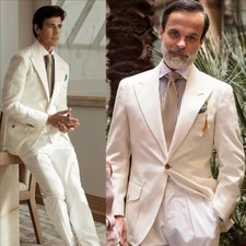 Men Suit Ivory Peak Lapel Formal Prom Groom Tuxedo Wedding Blazer Pants Custom