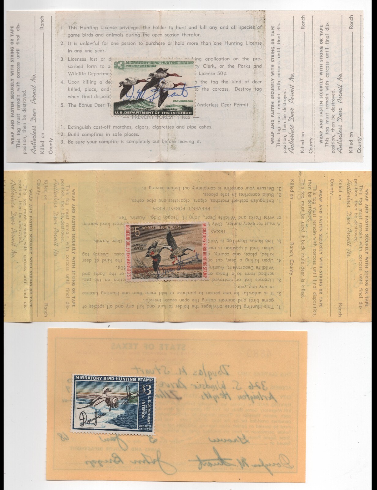 US DUCK STAMPS on Hunting Licenses TEXAS 1965 1968 1973 eBay