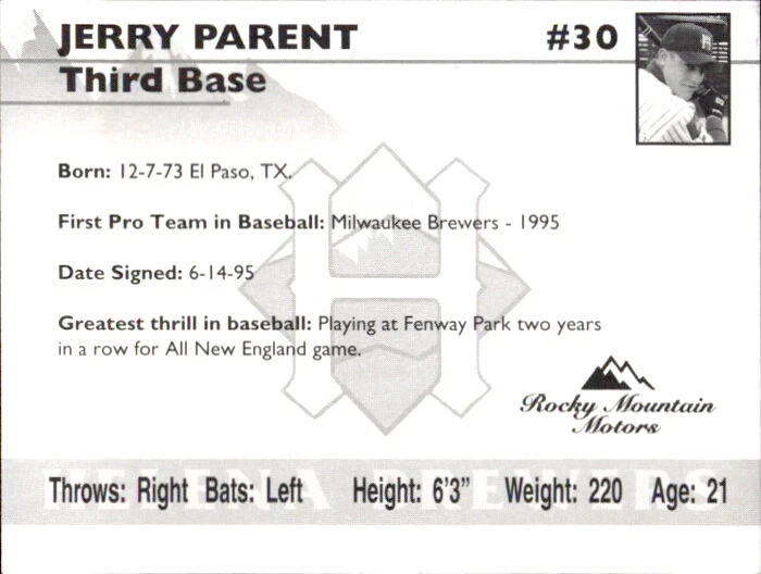 1995 Helena Brewers Team Issue #30 Jerry Parent El Paso Texas TX Baseball Card - Image 2 of 2