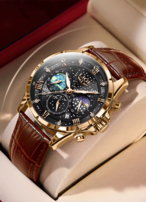 Lige Edelstahl Herren Armbanduhr Chronograph Lederarmband Männeruhr Herrenuhr