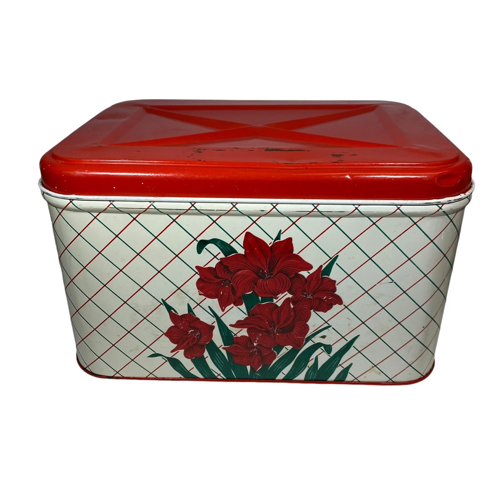 Vtg Bread Box Red Lilies Red White Retro Kitchen Mid Century Metal NC Colorware