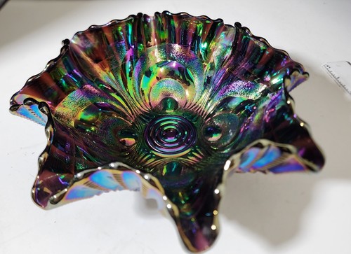 Rollo de vidrio de carnaval amatista púrpura imperial en relieve 9" x 4" cuenco ojo de pavo real - Imagen 5 de 12