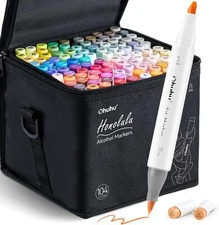 Ohuhu Alcohol Markers 104-color Double Tipped Brush & Chisel- Refillable Markers
