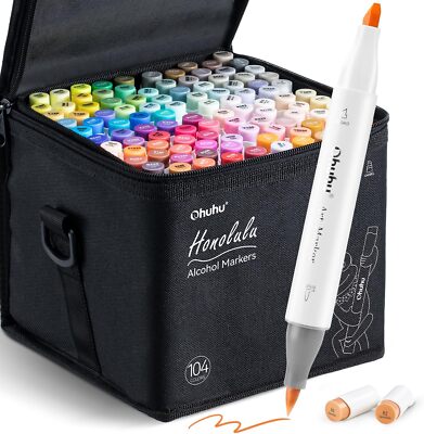 Ohuhu Alcohol Markers 104-color Double Tipped Brush & Chisel