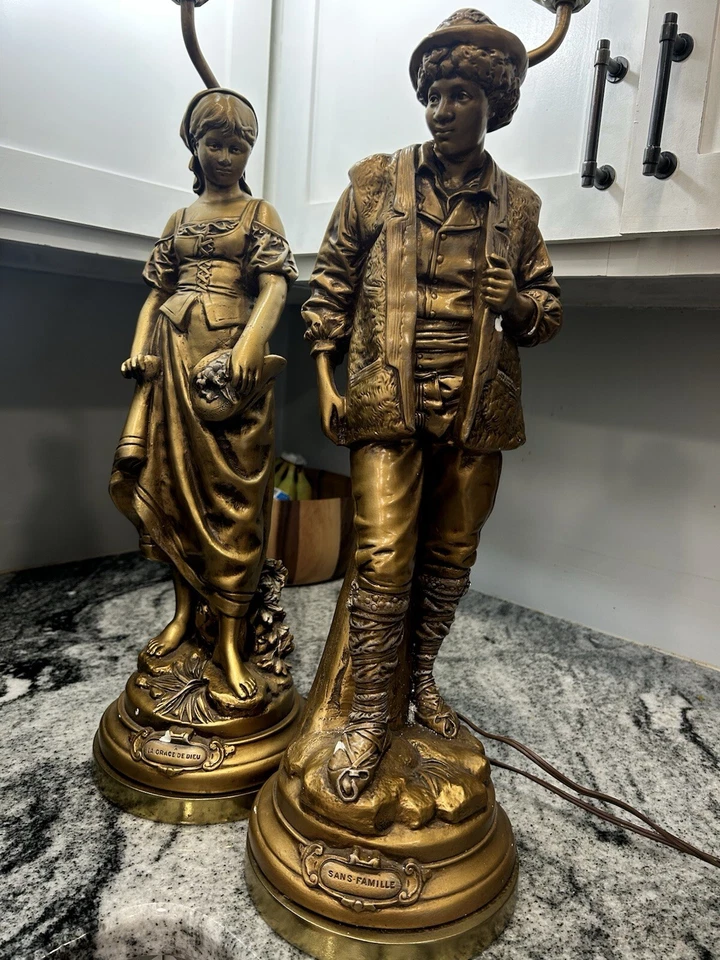 Vintage French Pair Figurine Lamps Provincial 1930s Night Figural Lamps Gold - Image 3 of 4
