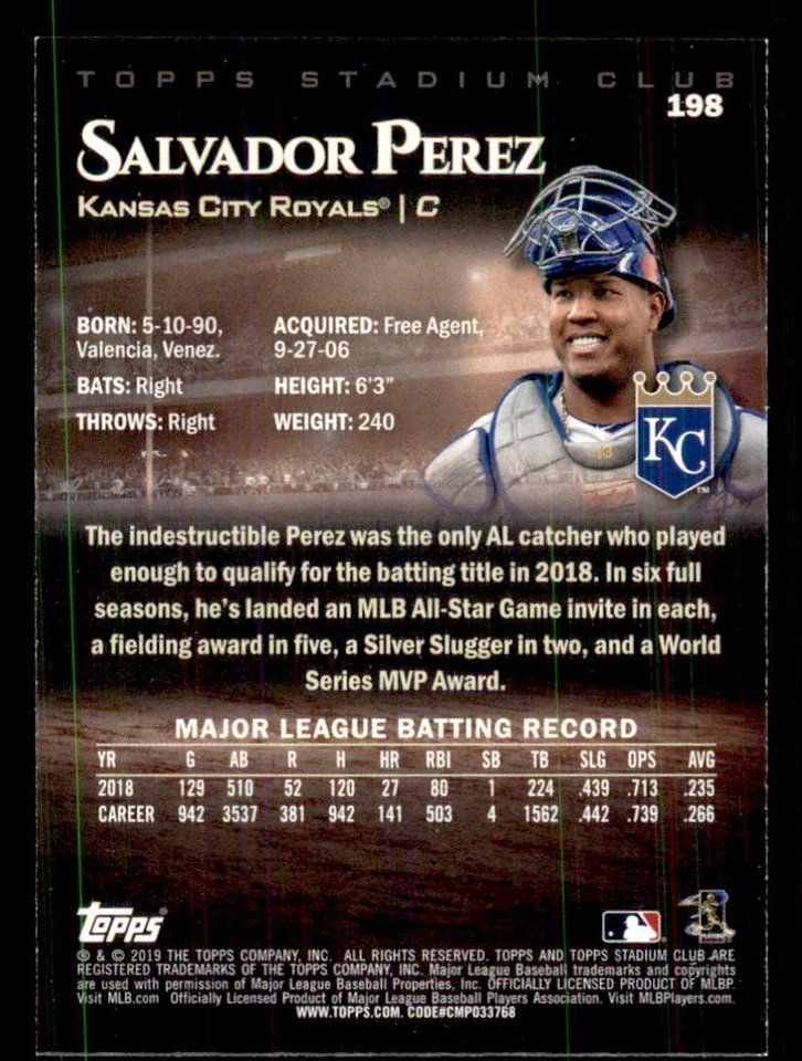 2019 Stadium Club #198 Salvador Perez Kansas City Royals - Image 2 of 2