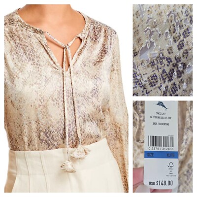 $148 Tommy Bahama XL Reptile Burnout Blouse Glittering Sea Keyhole Tie V-Neck