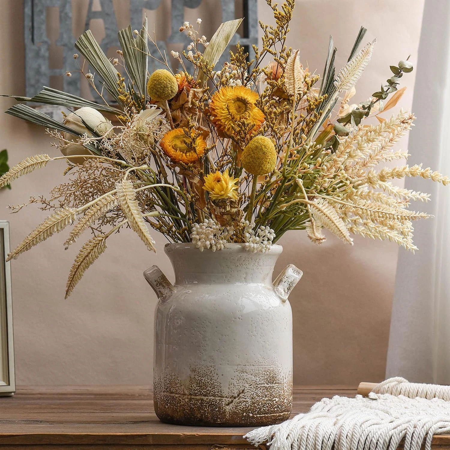 Ceramic Rustic Farmhouse Vase, Distressed Decorative Flower Vase for Home Decor,