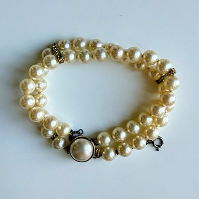 Vintage Majorica Double Strand Pearl Bracelet, Rhinestone Spacers, 925 Silver