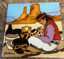 Southwest Art Tile, signed L. Kunes, Native Americans  6x6 wall art or trivet