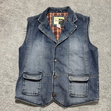 Vtg Wrangler Outerwear Denim Vest Plaid Lined Distressed Cowboy Collar Mens MED