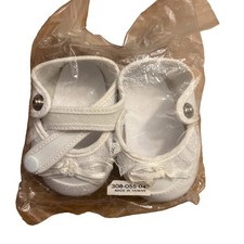 Vtg White Faux Leather Baby Doll Shoes Mary Janes Lace Bow 9cm 308-Q55-04 NOS