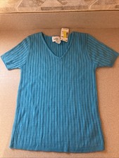 Avalin Womens Sweater Knit Top Blue V-Neck Short Sleeve USA Made Medium