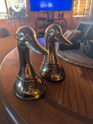 Vintage Pair Of Brass Duck Head Mallard Book Ends