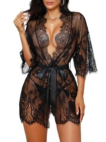 Sexy Lingerie for Women Lace Kimono Robe Mesh Chemise Nightgown X-Small Black