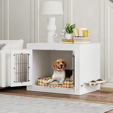 PawHut Dog Crate Furniture with 360° Rotatable Removable Dog Bowls, White