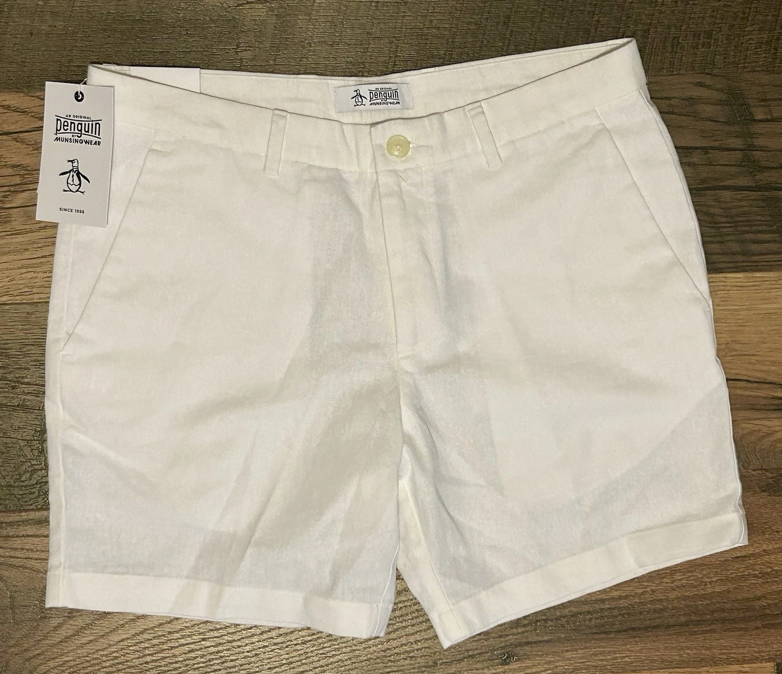 Original 7” Penguin Shorts Men 33 Slim Fit Linen Chino Flat Front, Bright White
