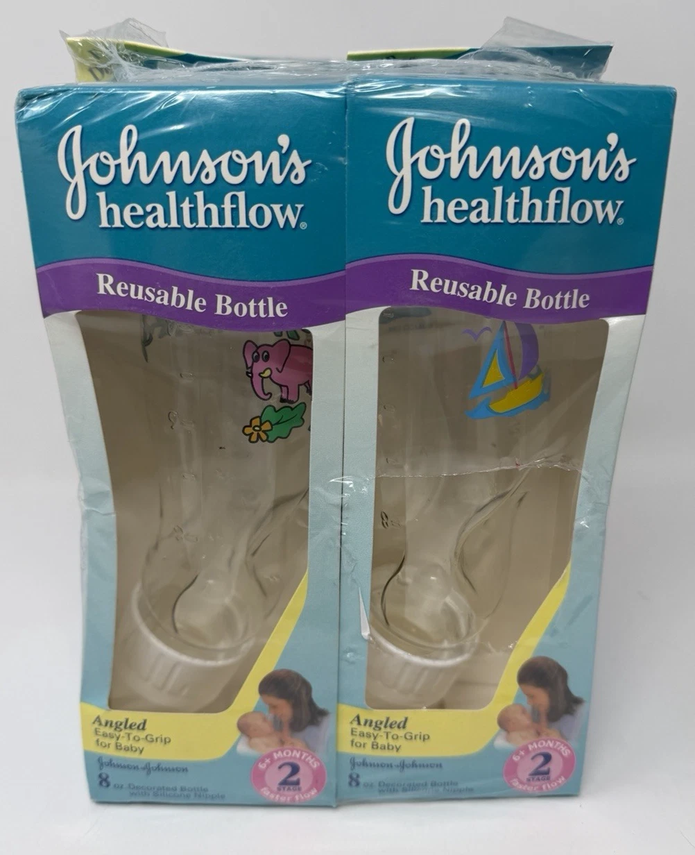 4 Vintage Johnson's HealthFlow Angled 8 oz Baby Bottles stage 2 Decorated Design