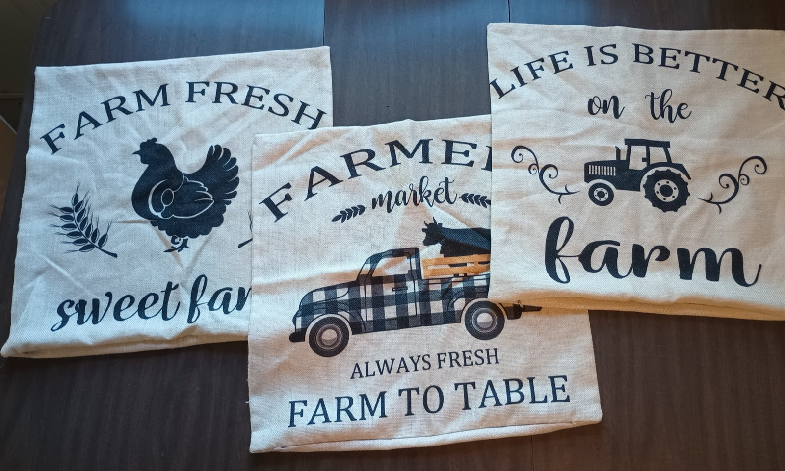 3 New Pillow Covers Farmhouse Decor 17" Farm Chickens Cow Tractor Black Beige