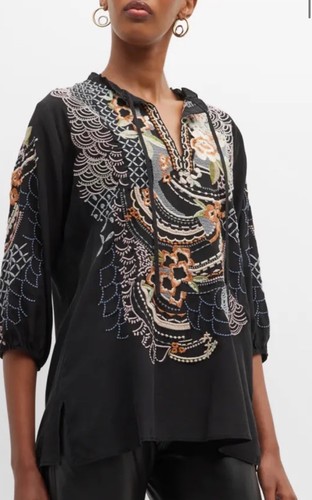 Johnny Was Biya Bassett Ruched Silk Blouse Womens Size 2X Black - Picture 8 of 8