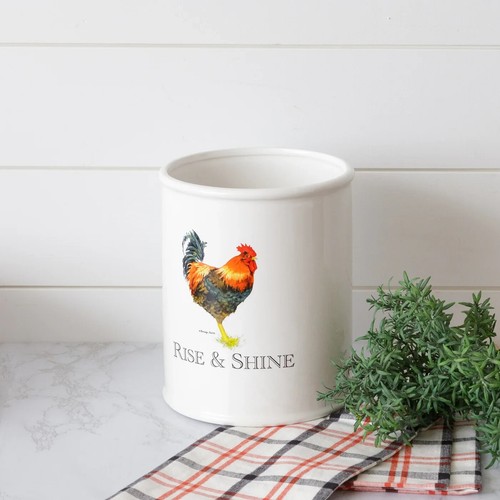 New Farmhouse Chicken RISE & SHINE ROOSTER CROCK Utensil Holder Jar 7" - Picture 2 of 2