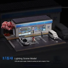 Diorama 1/64 Diecast Car Garage Model LED Street Coffee Shop Building Model Toys