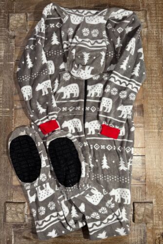 Lazy One Full Zip Hoodie Christmas Pajamas Polar Bear Gray Size Medium - Picture 2 of 12