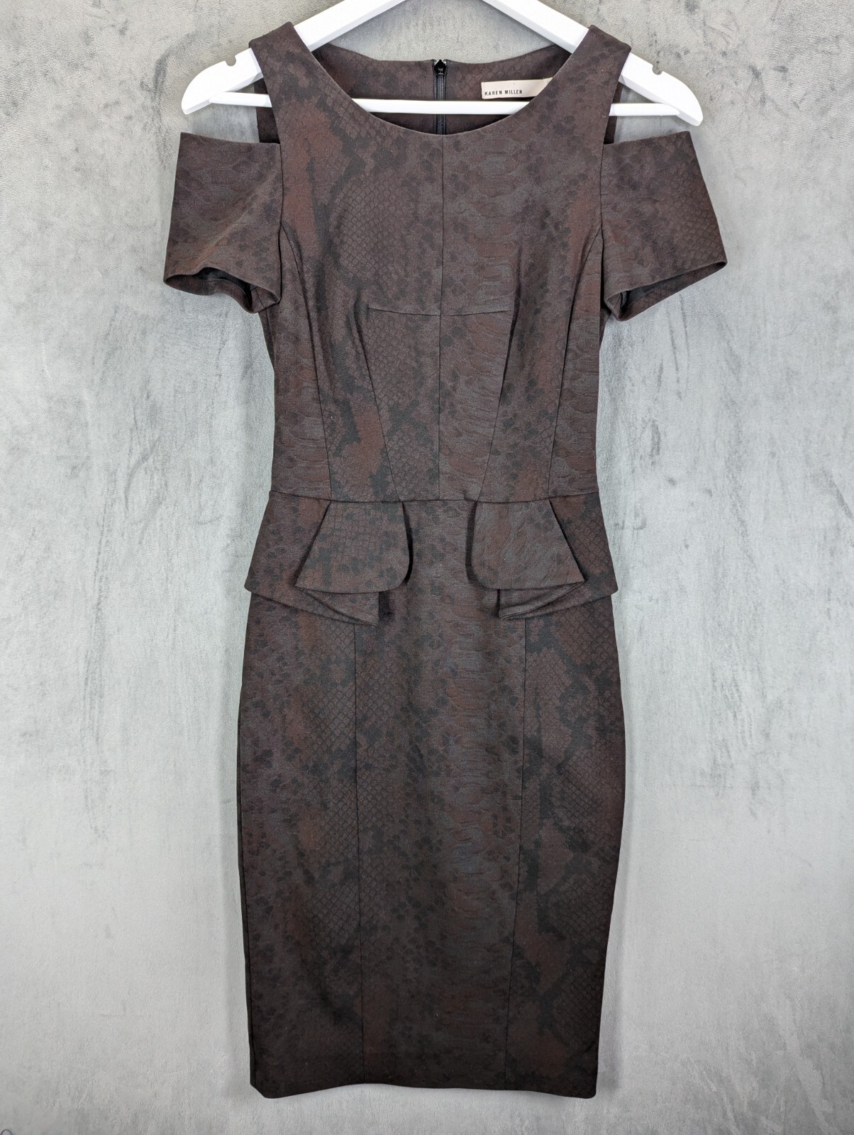 Karen Millen Ponte Roma Snake Print Dress Brown SIZE UK 8 Lined Zip Back