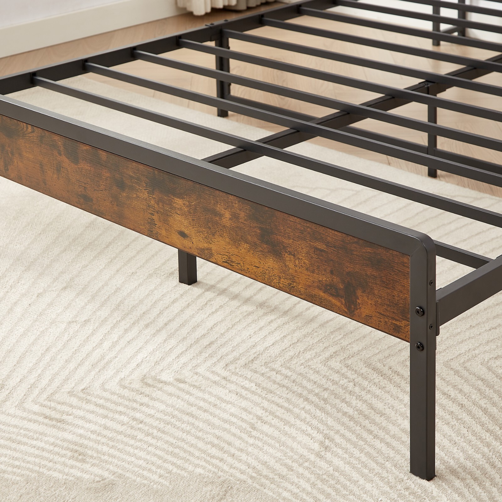 Bed frame with charging station full size, Rustic Brown,with Storage Headboard