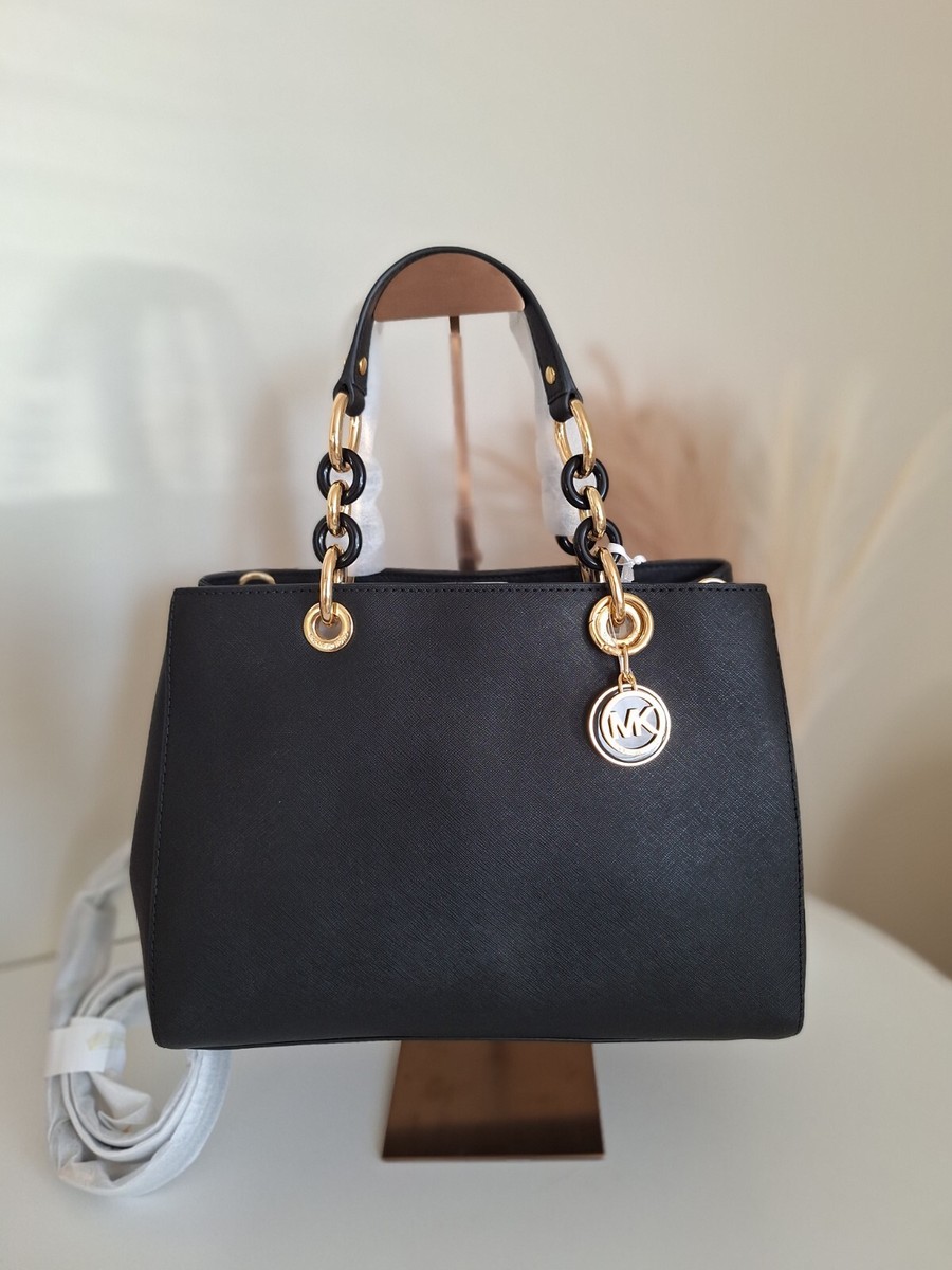 NWT Michael Kors Cynthia MD Satchel Black gold chain bag Saffiano