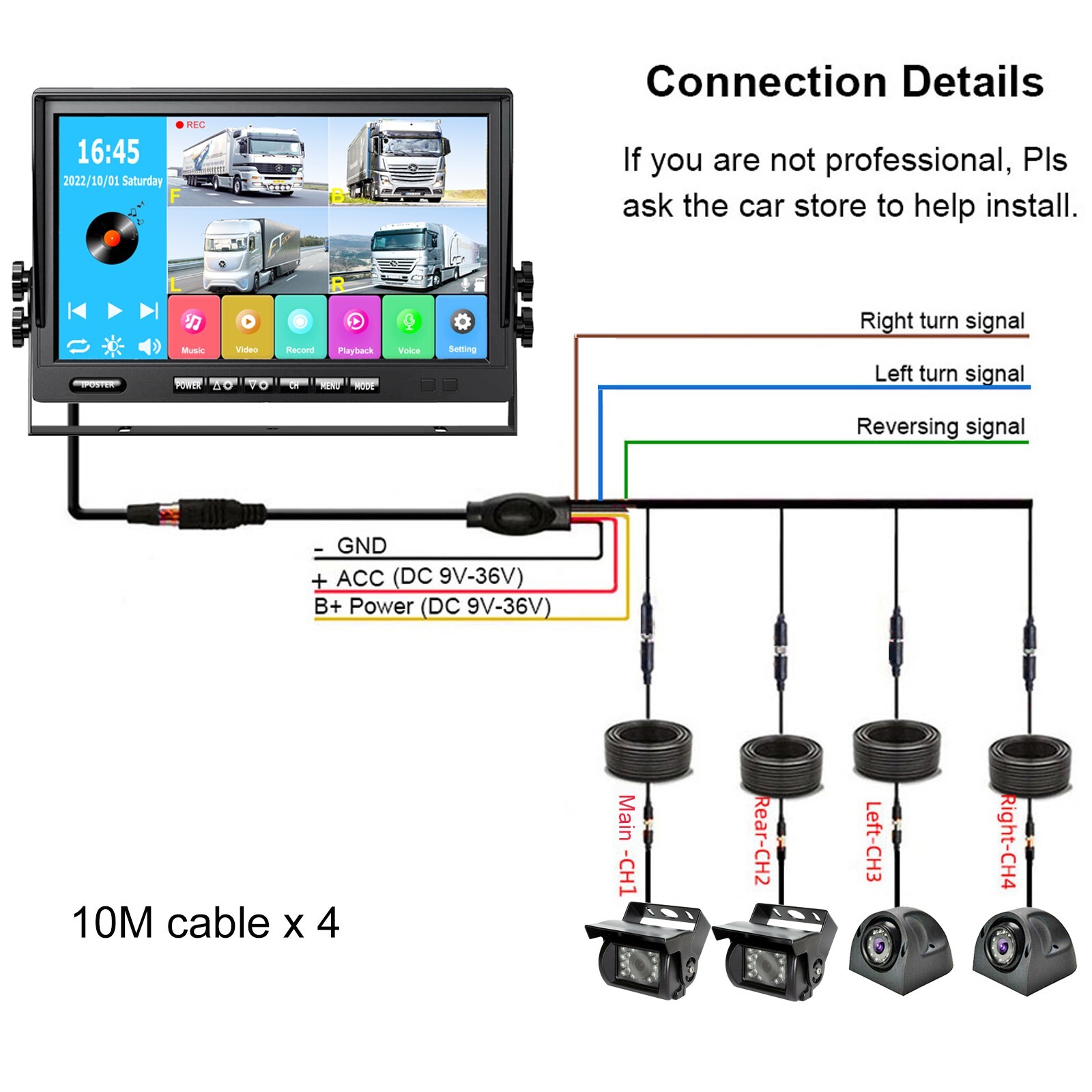9" Quad Monitor DVR Video Recorder +4x 4 PIN CCD Backup Camera for Trailer Truck