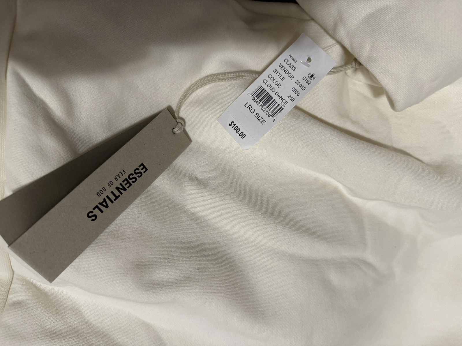 Felpa con cappuccio Fear of God Essentials Cloud Dancer nuova taglia large autentica