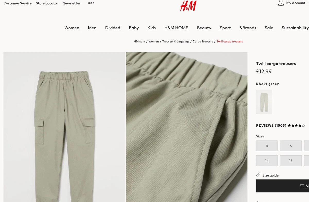 H&M Twill Cargo Pants Trousers 12 Khaki Green Super Soft Cotton Pockets  BNWT New