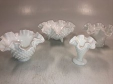 Fenton Candy Dish  Vase Lot Hobnail White Milk Glass Crimped Ruffle Edge