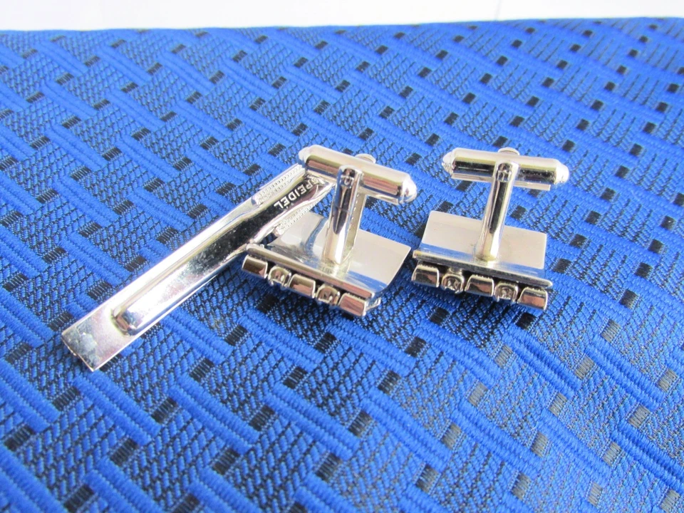 Gemelos y broche de clip de barra de lazo vintage SPEIDEL azul estrás tono plateado firmado Foto 3 de 4