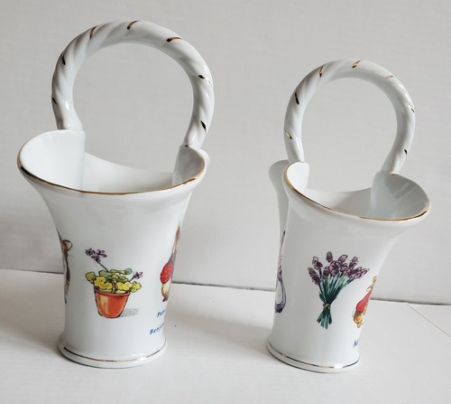 2 Beatrix Potter Peter Mrs Rabbit Benjamin Bunny Porcelain Basket Vase 9" - Picture 6 of 18