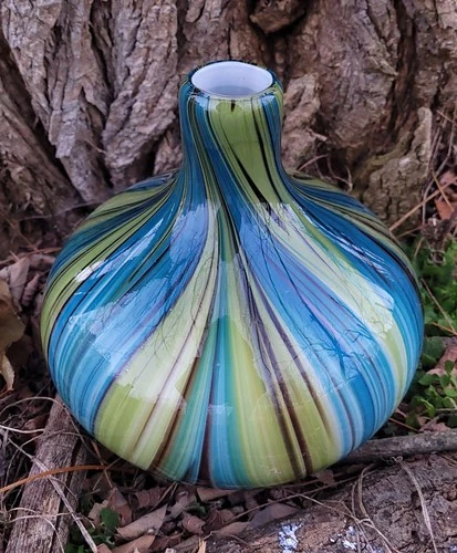 MCM Murano Style Art Glass Vase With Blues, Greens & Black.