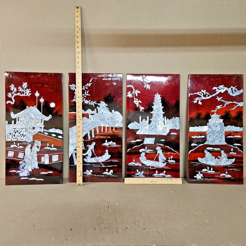 Set of 4 Vintage Vietnamese Lacquer Panels Mother of Pearl Inlay Wall Art Signed