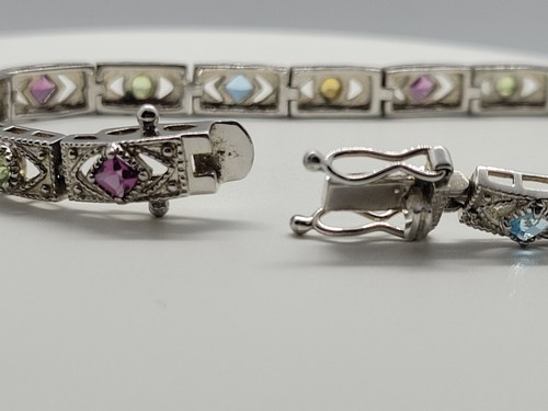 Vintage Amethyst Citrine Peridot Blue Topaz 925 Sterling Silver Tennis Bracelet - Picture 6 of 8