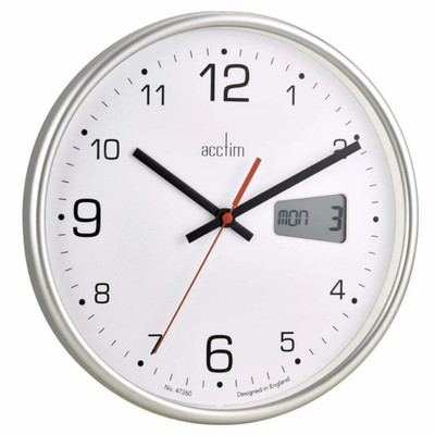Wanduhr silber 270mm Glaslinse Silent Sweep mit LCD Datum Tagesanzeige leise