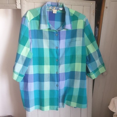 Vintage 90er Jahre Y2K Karobluse Gr. 18 Polycotton blau flieder grün