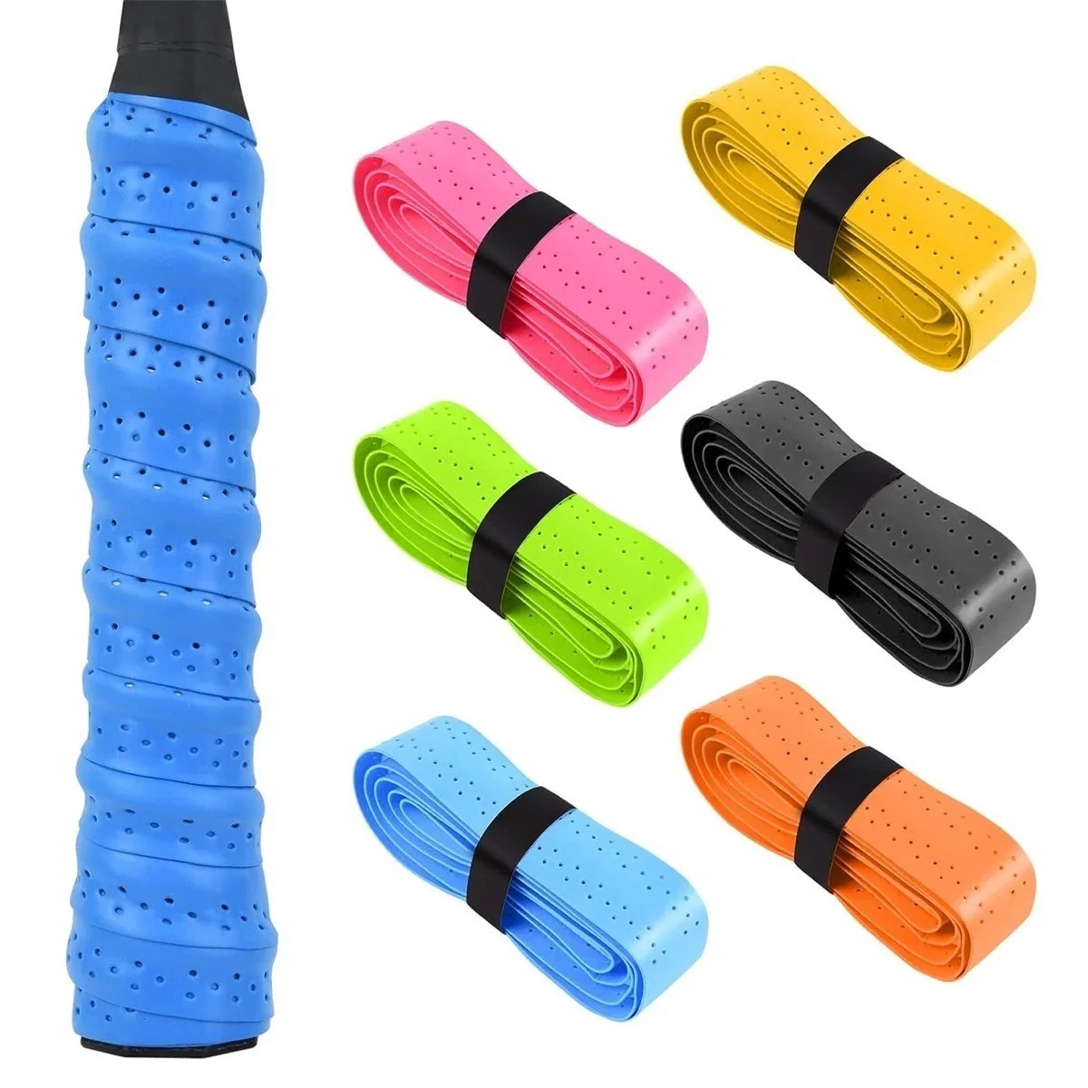 Confezione da 5 impugnature per racchette, in poliuretano, antiscivolo, elastico, con manico perforato a secco, per racchette da tennis, badminton, squash, ping-pong, pagaia, canna da pesca