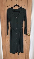 F&F Size 10 Dark Green Stretchy Pencil Dress Belted Pull On Wide Rib Pattern
