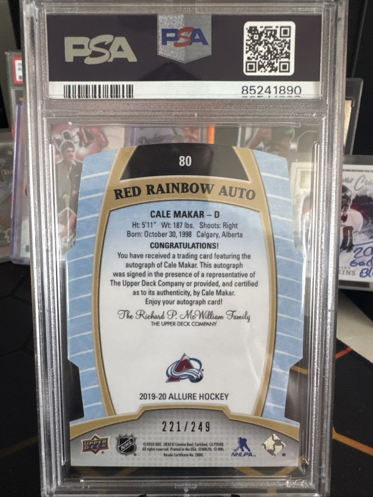 2019 Upper Deck Cale Makar Red Rainbow Rookie Auto /249 PSA 10 / 10 RC view 2