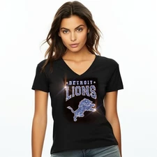 New Detroit Lions Rhinestone Relaxed fit Women's Sizing VNeck T-shirt S - 4X