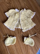 Vintage Handmade Acrylic Crochet Yellow Baby Cardigan Sweater Booties Set
