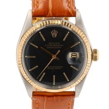 Rolex Datejust Two-Tone Black Index Dial 14KY Fluted Bezel Leather Band 36mm Wat
