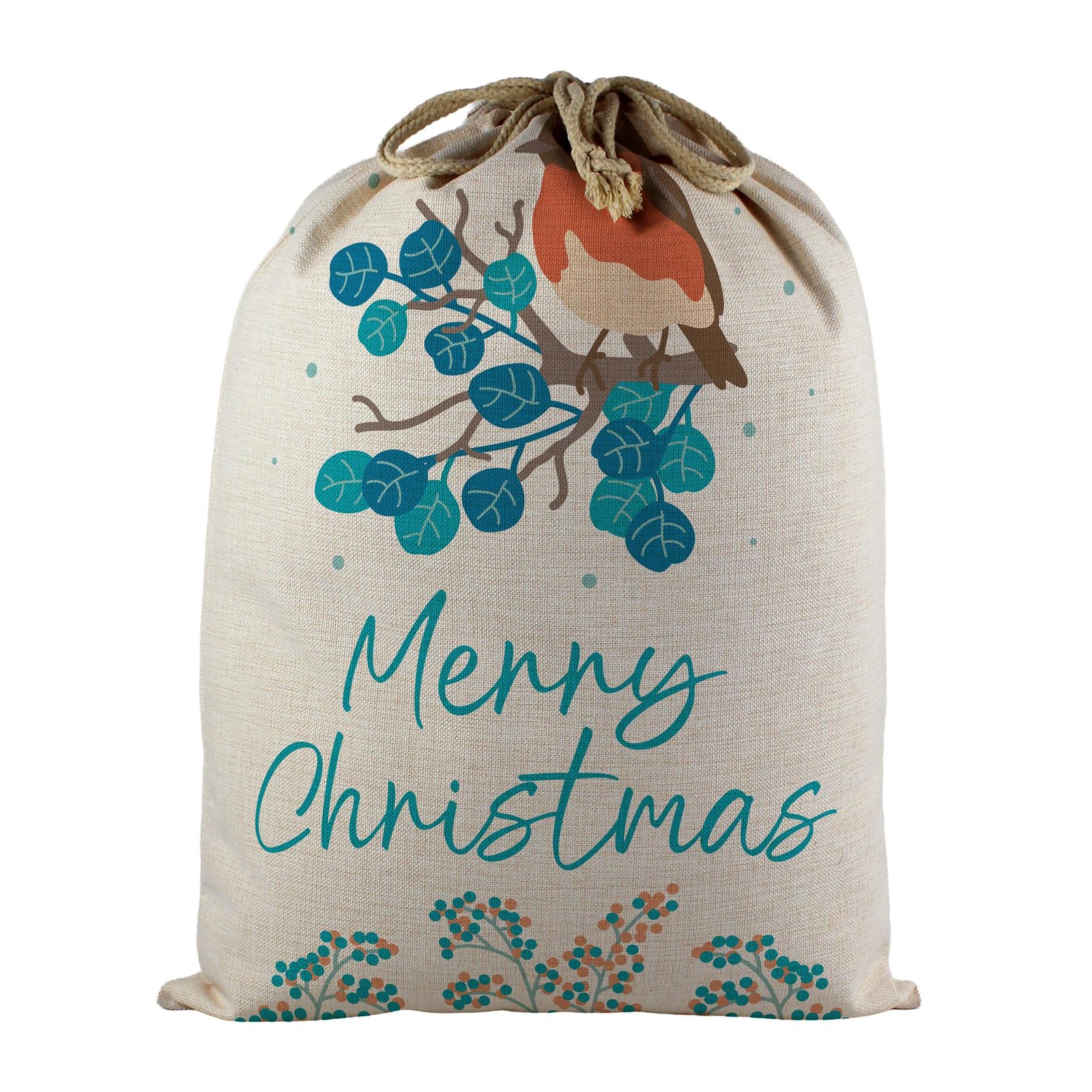 Festive Robin Santa Sack - Large Linen-Style Present Bag for Xmas Gifts