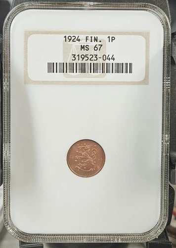 1924 Finland Copper 1 Penni - NGC MS 67 (RD)