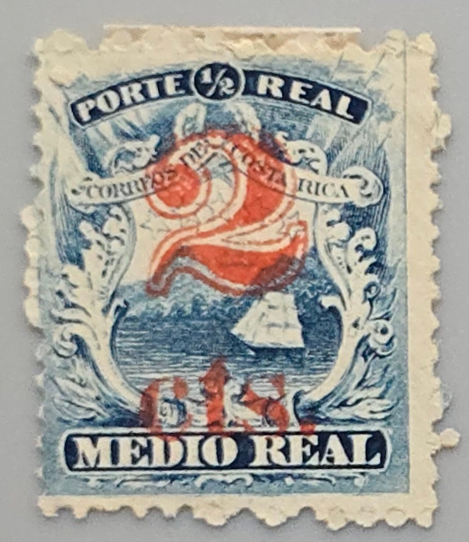 Costa Rica 1/2 Real Stamp Red Surcharge “2” Medio Real Used
